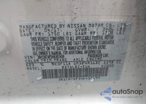 2017 Nissan Versa 1.6 Sv from USA, damaged, VIN 3N1CN7AP3HK452499